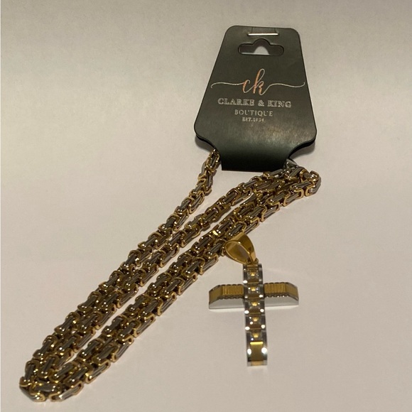 Men’s Gold & Silver 24” Byzantine Necklace & Vintage S.S. Zirconia Cross Pendant - Picture 1 of 7